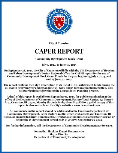 City of Cranston Draft CAPER Report Available for Public Review